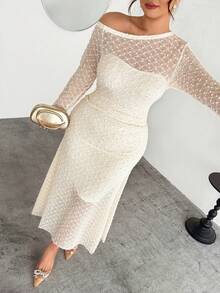 Firerie Plus Size Comfortable Casual Elegant Vacation One Shoulder Cold Shoulder Ruched Textured Stretchy Slimming Long Sleeve Dress For Women, Suitable For Spring, Summer, Autumn, Winter White One Shoulder Dress Dotted Swiss Dress Elegant One Sleeve Dress See Through Maxi Dress Spring Dress For Women Wedding Dress For Women - Apricot - View 7