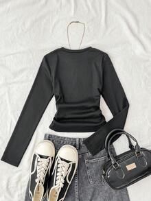 SHEIN 少女纯色星形图案褶皱吊带背心，适合休闲穿着 - 黑色 - 查看 2