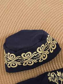 SHEIN 2件套男婴春夏纯色蓝色时尚金色刺绣衬衫配帽子，半开领长款，适合外出、休闲和优雅派对，幼儿/婴儿男女通用套装 - 藏蓝色 - 查看 7