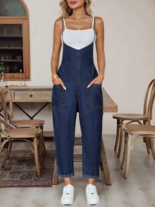 EMERY ROSE New Style Women's Denim Overalls Suspenders Loose Straight Jumpsuit Side Pockets And Jumpsuit Blue Jumpsuit Fall Women Clothes Back To School Halloween Going Out Cargo Pants Women - Dark Wash - View 4