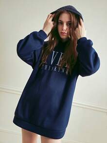 Écloséra Women's Casual Letter Embroidered Drop Shoulder Hooded Long Sweatshirt, Autumn - Blue - View 1