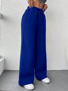 EURMUSE Women's Solid Color Drawstring Waist Wide Leg Pants - Royal Blue - View 3