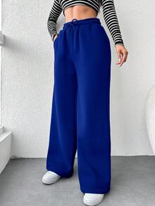 EURMUSE Women's Solid Color Drawstring Waist Wide Leg Pants - Royal Blue - View 4