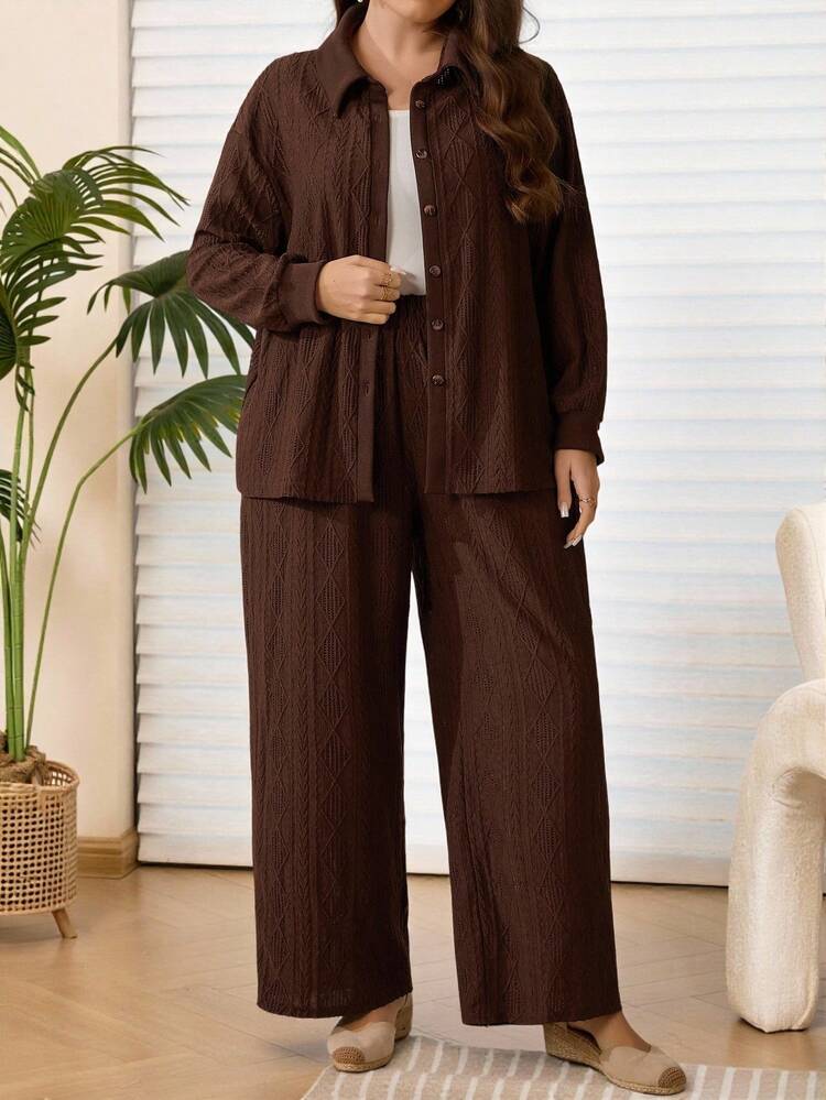 2pcs Plus Size Women Fall/Early Spring Casual Fashion Vacation  Early Spring Casual Brown Shirt And Pants 2 Pieces Set With Pockets,Going Out Outfits,2026 New Clothes,Simple And Fashionable For Everyday Wear,Vacation Outfits Women ,Holiday Outfits For Women,Spring Outfit Women,Valentine's Day ,Valentine Outfits For Women