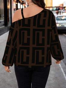 EMERY ROSE Plus Geo Print Asymmetrical Neck Lantern Sleeve Blouse,Chocolate Brown Autumn Elegant Night Out Club Thanksgiving One Shoulder Long Sleeve Top - Chocolate Brown - View 2