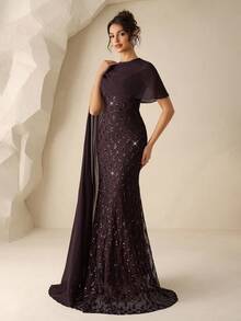 Coutiva 奢华晚礼服、高端正式礼服、优雅闪亮魅力礼服、优雅晚礼服、正式晚礼服、女士晚装、魅力礼服、亮片正式礼服 - 咖啡棕 - 查看 3