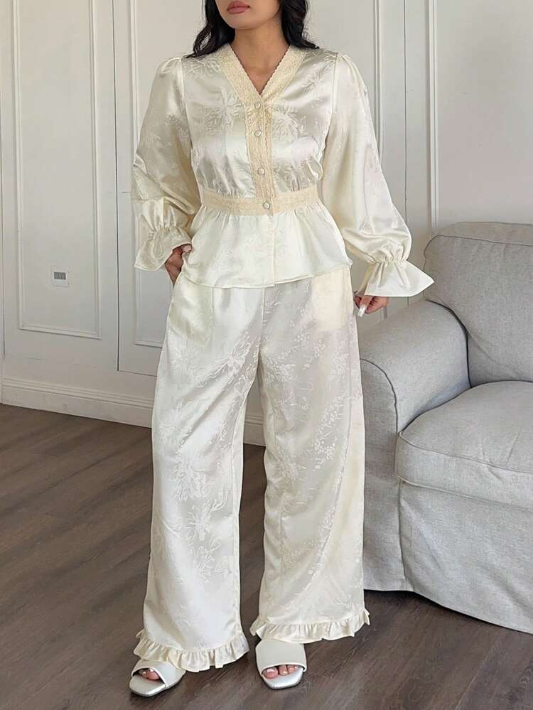 Dazy Plus Elegant Pajama Set With Contrast Lace, Cropped Waist-Cinched Flare Sleeve Top And Loose Straight Leg Pants, Suitable For Spring, Summer And Autumn