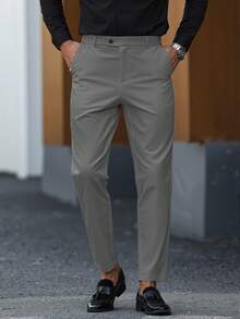 Manfinity Mode Women's Solid Color Button Slant Pocket Business Casual Pants Grey Pants For Men Pants For Men Elegant - Dark Grey - View 3