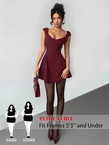 SHEIN PETITE CURVE 大码女式纯色心形领收腰时尚连衣裙 - 酒紅色 - 查看 1