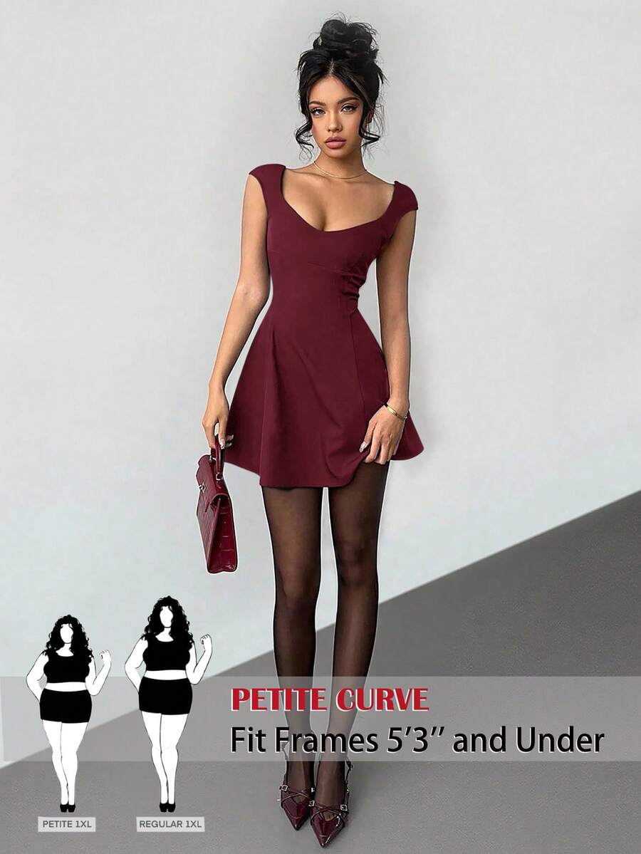 SHEIN PETITE CURVE 大码女式纯色心形领收腰时尚连衣裙 - 酒紅色 - 查看 1