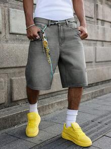 Manfinity EMRG Men's Light Blue Washed Vintage Distressed Loose Casual Denim Shorts - Light Grey - View 4