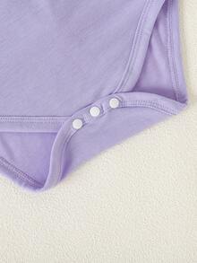 SHEIN Playful Pals 5件套女婴柔软舒适圆领纯色糖果连体衣，时尚休闲日常穿着，易于穿脱，短袖短裤款式，春夏款 - 彩色 - 查看 4