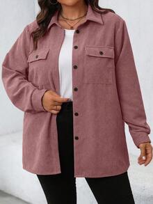 SHEIN LUNE 大码休闲纯色口袋前开襟纽扣夹克，秋季款 - 藕粉色 - 查看 4