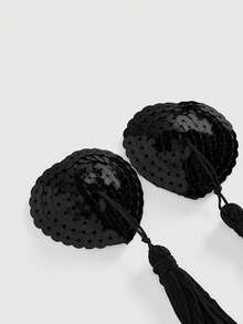 ROMWE Avant 1 Pair Fashionable Sexy Sequin Heart Tassel Nipple Covers, For Valentine's Day - Black - View 4