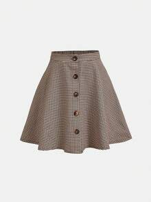 SHEIN Váy chữ A cài nút họa tiết răng sói cổ điển thanh lịch, đơn giản, thường ngày dành cho bé gái tuổi teen, váy họa tiết đại học - màu nâu - Xem 4