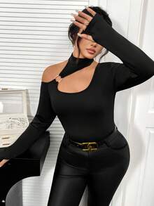 Elenzga Áo thun nữ cỡ lớn thanh lịch với dây đeo bằng vải, khóa kim loại trang trí, vai chéo. - màu đen - Xem 4