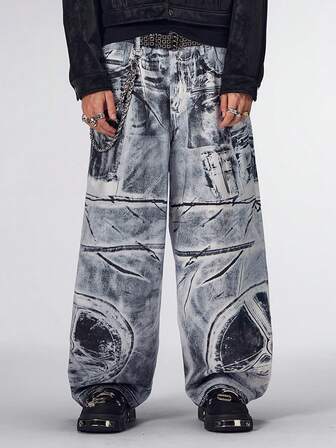 Street Life Jeans casual da uomo, stile moda strada, stampa grafica, ampi e morbidi