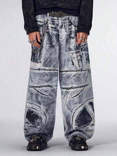 Street Life Men's Casual Fashion Street Graphic Print Loose Wide-Leg Jeans