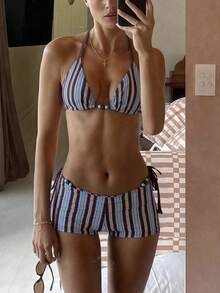 Costavie 女士三件套复古条纹印花串珠比基尼套装：挂脖比基尼上衣，低腰泳裤，时尚休闲沙滩度假性感甜美装扮 - 彩色 - 查看 1