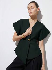 Aveloria Modichic Áo khoác nữ thanh lịch cổ chữ V dáng rộng, vạt áo bất đối xứng, chất liệu vải dệt họa tiết màu trắng, cài khuy trang trí, tay ngắn, thiết kế tối giản, đa năng cho việc đi làm. - Màu xanh lá cây đậm - Xem 5