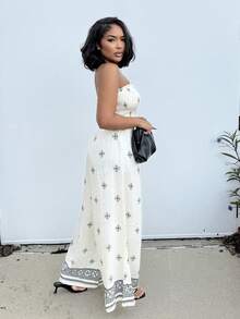 Alexandranx 女式度假撞色印花优雅休闲弹力修身褶皱上衣阔腿裤套装抹胸和裤子套装女式夏装女式两件套度假装女士度假两件套波西米亚风女装 - 米色 - 查看 5