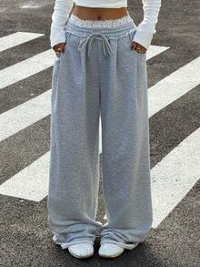 Muchica Women's From Spring To Summer Street Style Casual Sporty Basic French Gray Stretch Lace Waist Belt Straight Leg Loose Pants Y2K - Grey - View 1