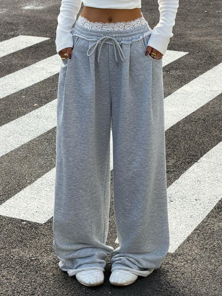 Muchica Women's From Spring To Summer Street Style Casual Sporty Basic French Gray Stretch Lace Waist Belt Straight Leg Loose Pants Y2K - Grey - View 1