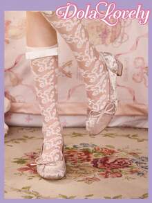 Dola Lovely 女士粉色丝绒时尚经典可爱蝴蝶结学院风洛丽塔风格玛丽珍低跟鞋 - 淺粉色 - 查看 1