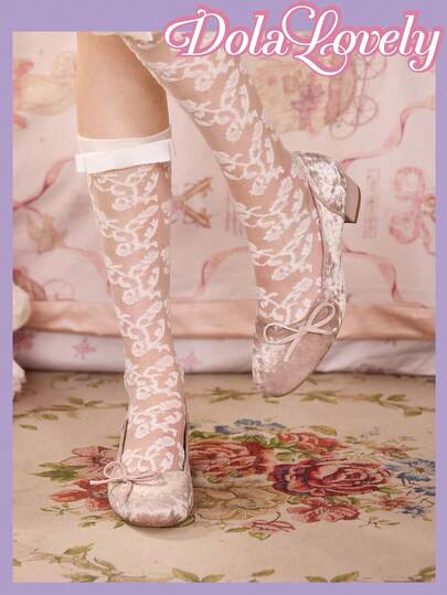 Dola Lovely Women's Pink Velvet Fashion Classic Cute Bow College Style Lolita Style Mary Jane Low Heel Shoes Valentine's Day