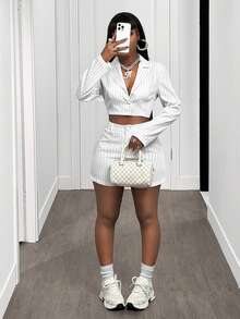 BamGleam Women's Striped Notched Collar Single-Breasted Casual/Work Lightweight Long Sleeve Blazer