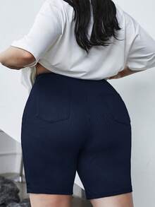 SHEIN EZwear Quần legging ngắn dáng suông màu xanh hải quân dành cho nữ, cỡ lớn, có gân. - Màu xanh hải quân - Xem 1