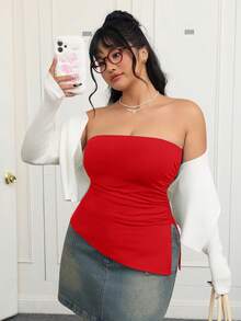 CovetEZ Plus Size Black Pleated Slit Strapless Knit Stretch Top - Red - View 3