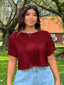 SHEIN EZwear 大码女式纯色圆领短袖露脐休闲T恤 - 紅色 - 查看 7