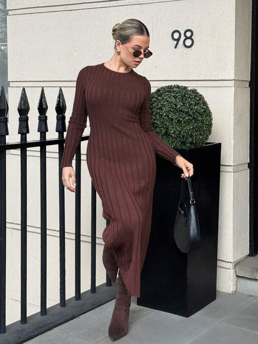 Bethéva Ribbed Solid Color Crew Neck Long Sleeve Maxi Sweater Dress Fall Winter Cloth For Women - Coffee Brown - View 1