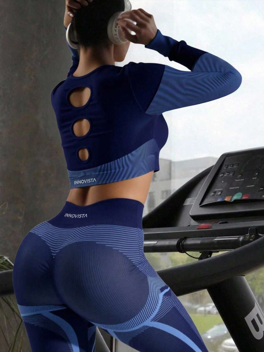 Innovista Women's Contrast Color Patchwork Cropped Top And Leggings Sports Suit Women's Seamless Long Sleeve Workout Set – Deep Light Blue Contrast Line Two Pieces Activewear With Back Cutout Design | High Support Quick Dry Yoga Pilates HIIT Gym Suit | Compression Leggings & Functional Sports Bra | Tummy Control, UV Protection, Breathable, Figure-Flattering Athleisure Outfit | Office To Gym, Cardio, Running, Outdoor Exercise | Viral Reel Ready FYP INSTA OOTD Fitness | Premium Durable| Set Latina UK European Brazilian Mexicana - Blue - View 1