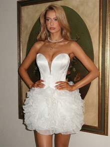Vowa Rochie elegantă, romantică, la modă, din satin alb și organza, cu model patchwork, cu model coadă de pește, potrivită pentru petreceri individuale, nunți, absolviri, vacanțe, ceai de după-amiază, petreceri burlăcițe - alb - Vizualizare 5