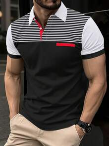 Manfinity Homme Men's Striped Short Sleeve Casual Commuter Polo Shirt Golf Shirt For Men Mens T Collar T Shirt Men Summer Outfits Zipper Polo Shirt Men T Shirts - Multicolor - View 3