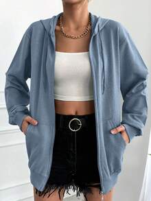 EURMUSE 休闲拉链抽绳连帽衫，宽松版型，适合日常穿着，秋季 - 淺藍色 - 查看 5