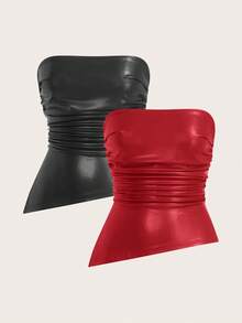 SHEIN EZwear 2pcs Women's Solid Color PU Bandeau Tops, Spring/Summer,Red Top,Christmas Strapless Tops Leather Tube Top Strapless Shirt Tube Top Red Tube Top,Red Tops For Women
