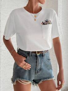 EURMUSE 100%Cotton T-Shirt With Flower Embroidery, Round Collar, Pocket Details - White - View 7