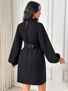 EURMUSE Mock Neck Trumpet Sleeve Belted Dress - Black - View 2