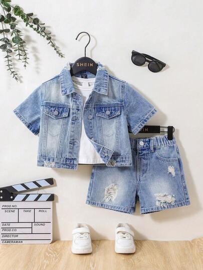 SHEIN 2件套男童时尚户外休闲做旧牛仔短裤和短袖套装