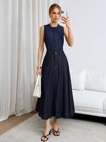 Siren Gaze Women's Dark Blue Denim Midi Skirt, Elegant High-Waisted A-Line Skirt Spring Casual - Dark Wash - View 6