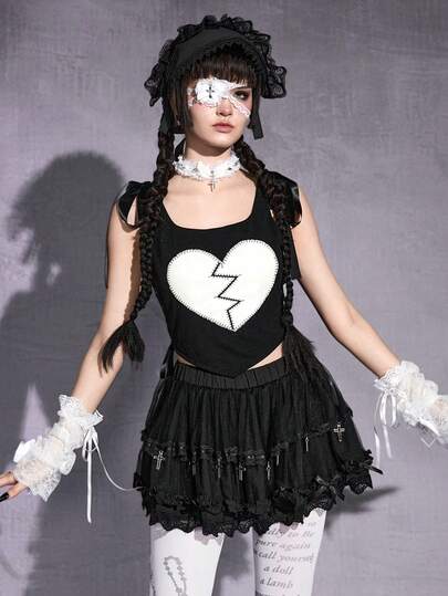 Damen Gothic Herz Stickerei Schleife Schulter Slim Crop Camisole