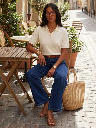 Athîral 女士纯色简约短袖针织上衣，日常穿着