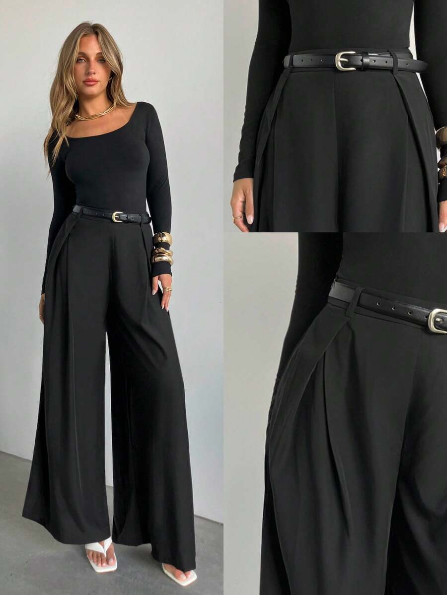 Aloruh New Elegant High Waist Extra Long Flared Leg Solid Black Versatile Pants