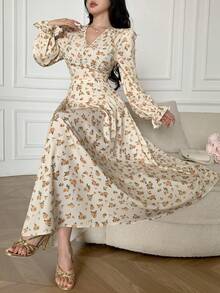 Feyla Elegant Ditsy Floral V-Neck Long Sleeve Dress For Women Yellow French Style Dresses - Multicolor - View 3