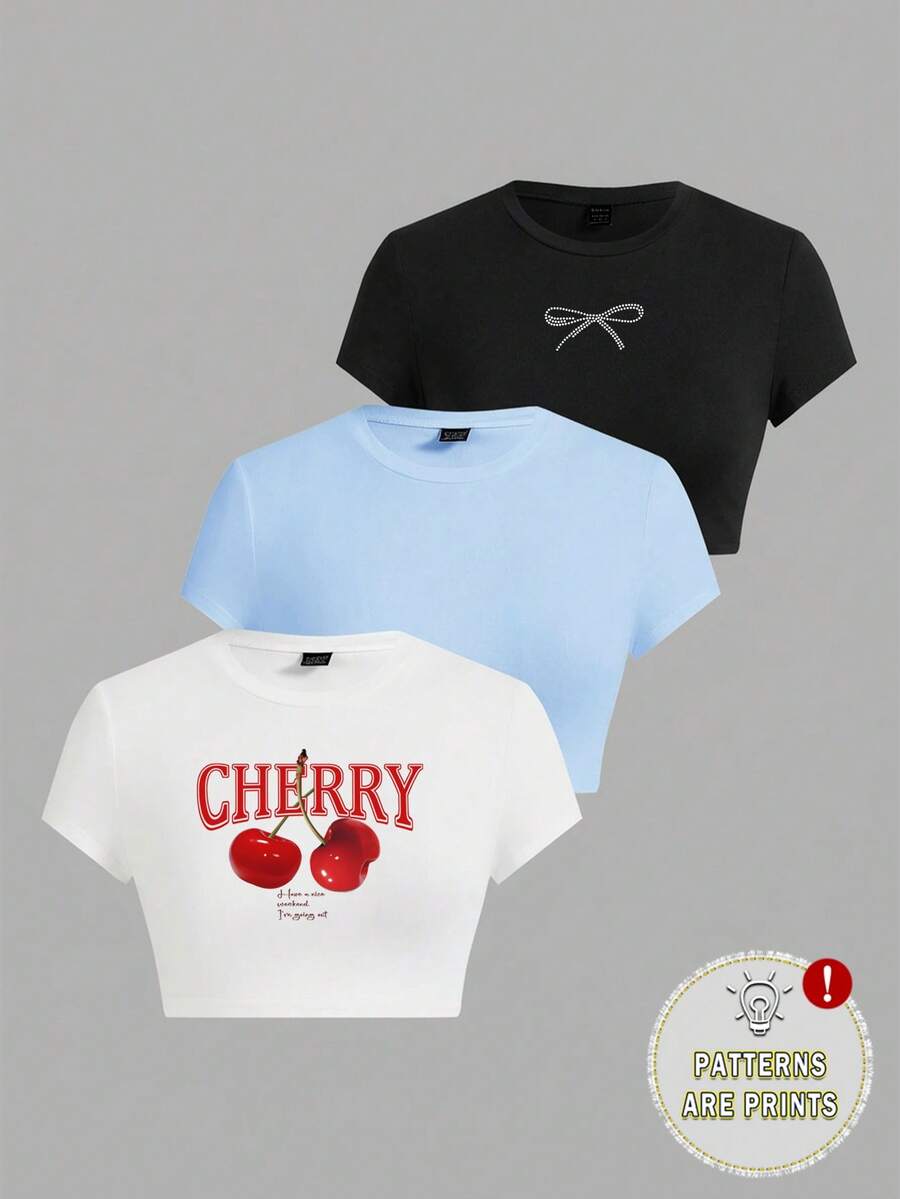SHEIN EZwear Bộ 3 áo thun nữ cổ tròn tay ngắn in họa tiết nơ và quả anh đào, phù hợp cho mùa hè - Nhiều màu - Xem 1