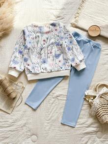 Vintaside Kids Bộ áo nỉ dài tay và quần legging gân màu vàng ombre họa tiết hoa dành cho bé gái, trang phục thời trang và dễ thương cho mùa xuân/thu. - Màu xanh lam - Xem 2