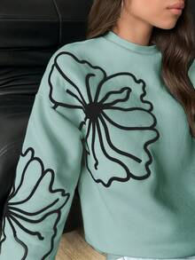 EURMUSE 100% Cotton FLOWER EMBROIDERY BLACK STITCHED WHITE SWEATSHIRT - Mint Green - View 5